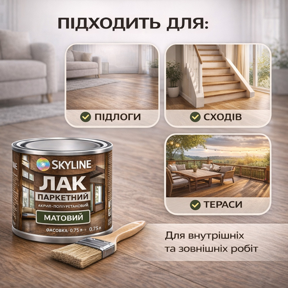 Лак для підлоги матовий Skyline паркетний, акрил-поліуретановий, водний, зносостійкий, без запаху, 750 мл Харків - фото 3