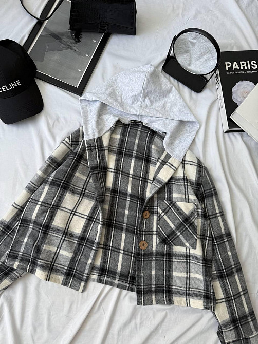 Женская оверсайз рубашка в клетку с капюшоном турецкий кашемир Серый, 48/50 Одесса - изображение 2