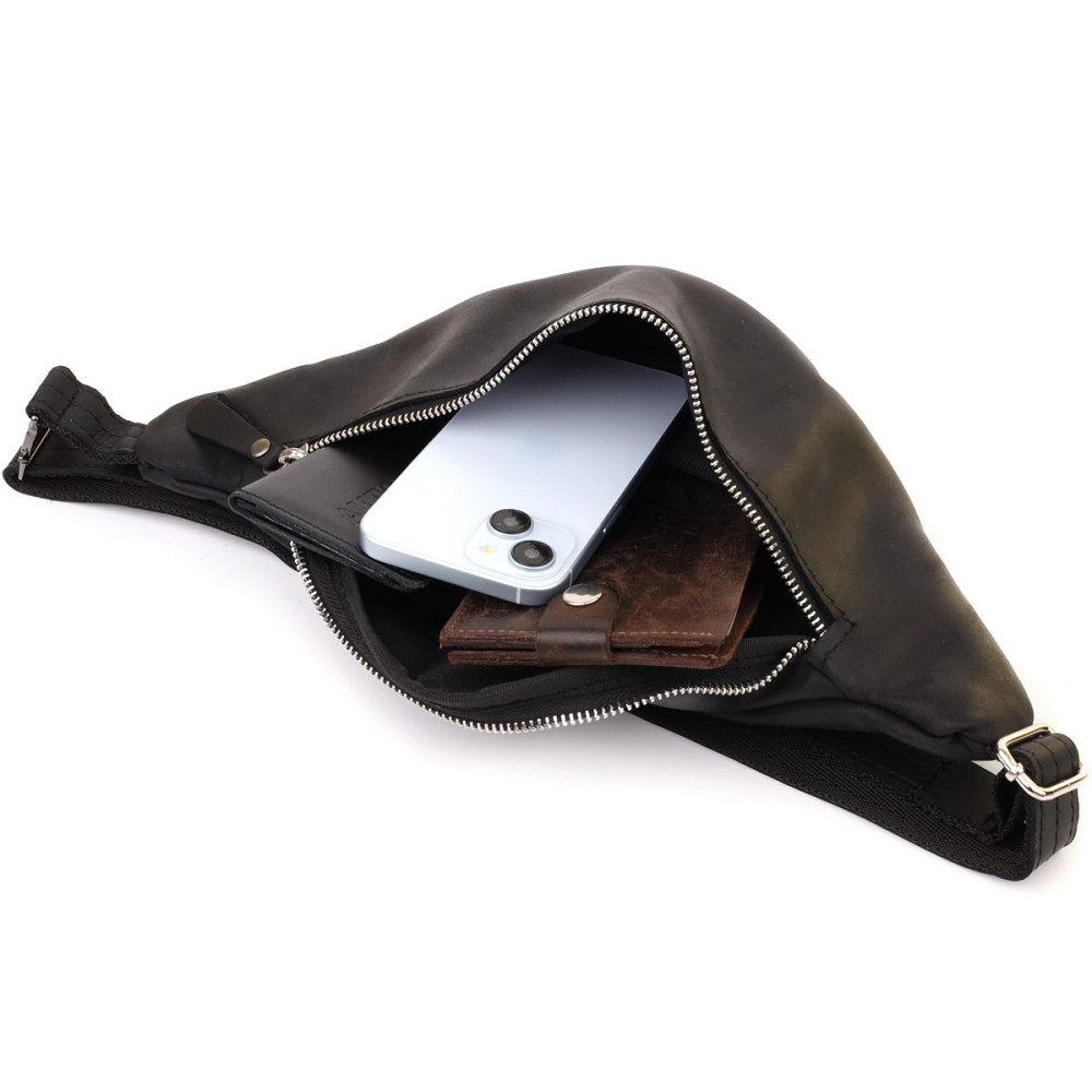 Надійна сумка бананка для чоловіків із вінтажної натуральної шкіри Shvigel 23138 Чорний Київ - фото 8