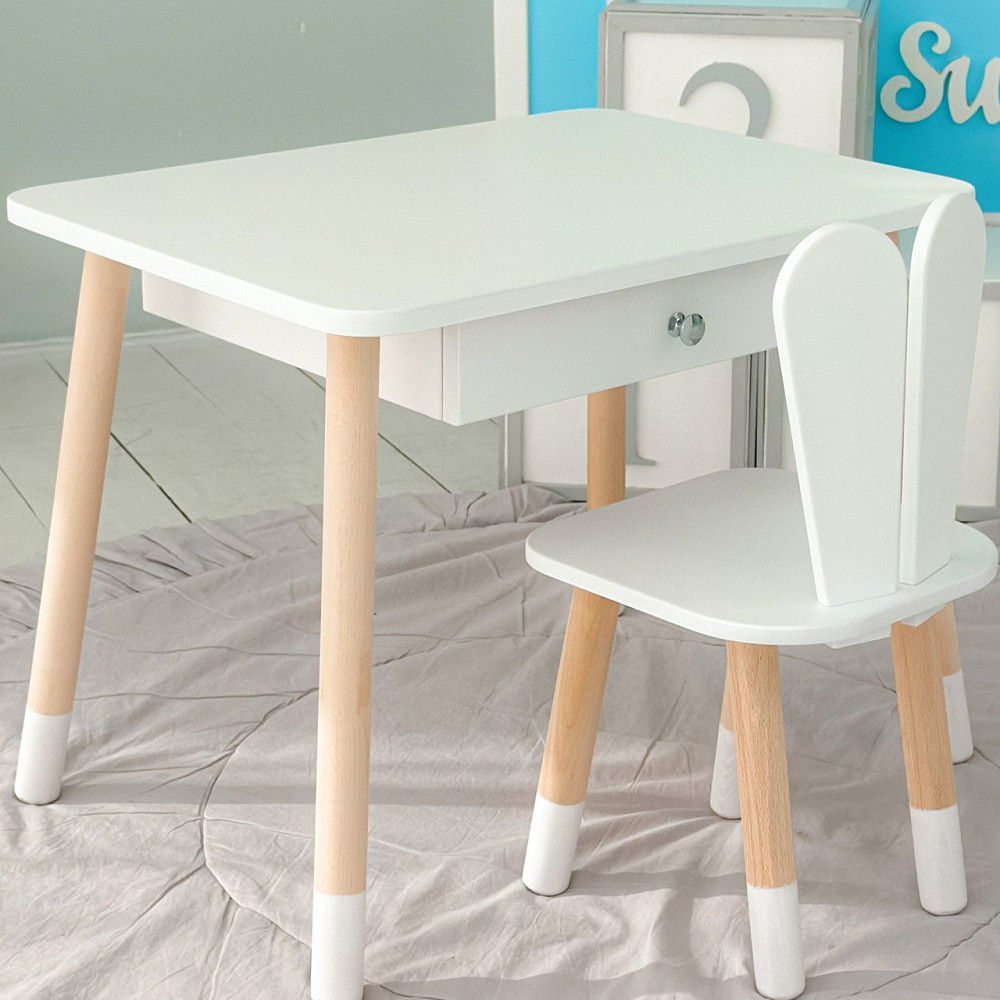 Стол прямоугольный с ящиком 46х60х45 и стул ушка кролика 26х26х24, столик и стульчик в детскую, белый Каменское - изображение 11