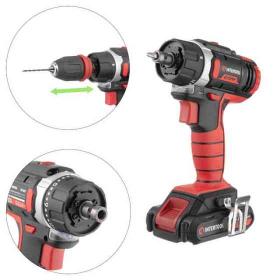 Дриль-шурупокрут акумуляторний, Li-Ion, 18 В, 25 Nm, 0-400/0-1500 об/хв, 2×2,0 Аг, знімний патрон INTERTOOL WT-0317 Киев