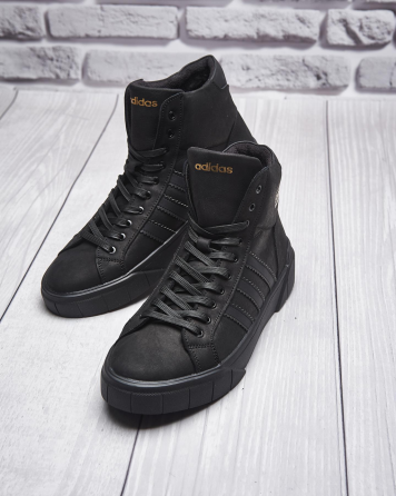 Чоловічі теплі зимові стильні черевики з натуральної шкіри та хутра Adidas чёрные В-62 Харків