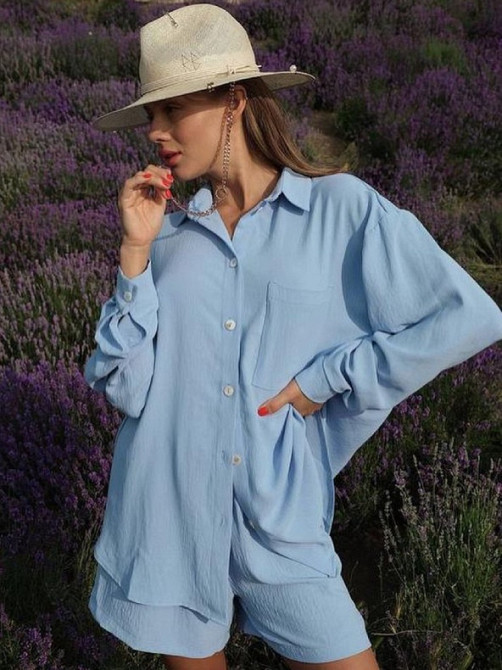 Голубой летний костюм двойка с шортами из жатки, 48/52 Лубны - изображение 1