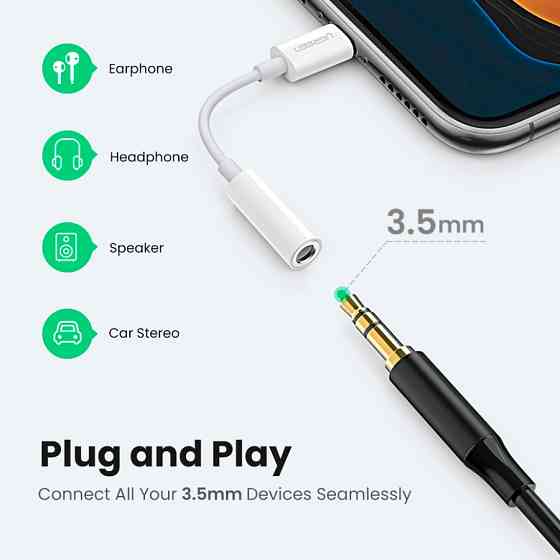 Перехідник Lightning --> 3.5 mm 10cm Headphone Jack Adapter Model US212 UGREEN Білий Вінниця