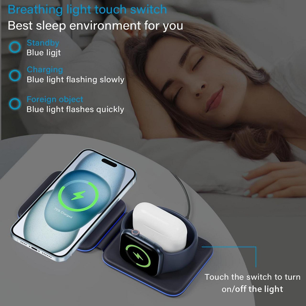 Складана зарядна станція 3в1 Apetiy, MagSafe, для iPhone, Apple Watch, AirPods, 18W адаптер, чорна Київ - фото 3