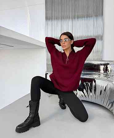 Жіночий стильний подовжений оверсайз светр зі змійкою в'язання 50% котон/50% акрил Бургунді Одеса