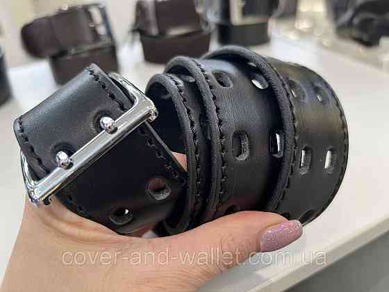 Черный мужской перфорированный ремень с пряжкой на две спицы 40 мм PS Leather Киев