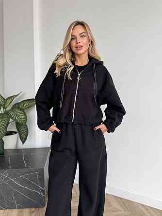 Жіночий стильний жіночий флісовий костюм-оверсайз із капюшоном. Чорний, 46/48 Одеса
