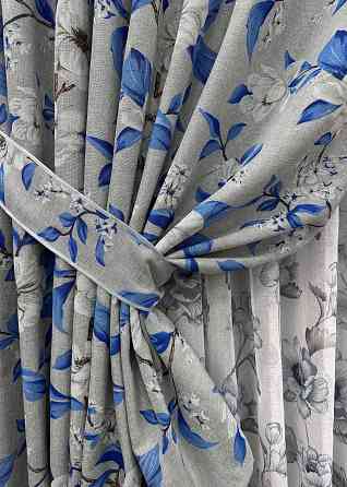 Комплект штор VR-Textil Лен Прованс 100х265 2шт и Тюль 400х265 1725ш-1543т Светло-серый с синим и белым 71-105/2 Киев