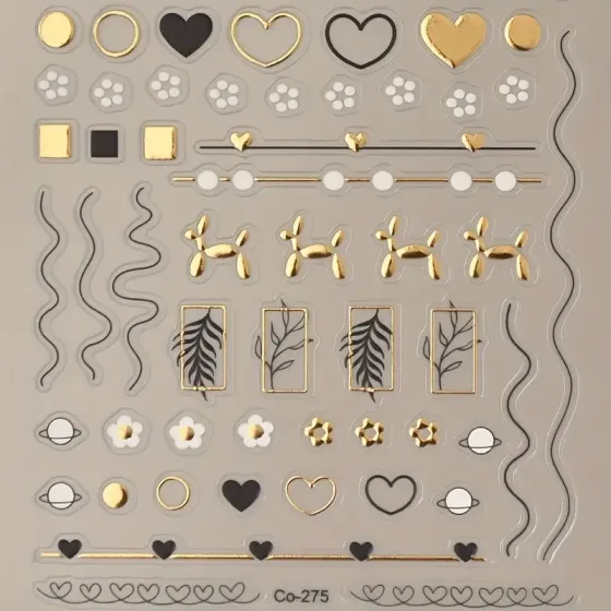 3D наклейки для ногтей золото черные | сердечки, цветы, линии, фигурки Киев