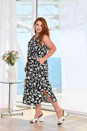 Женское легкое принтованное платье батал жатый лен Черно-белый, 56/58 Одесса