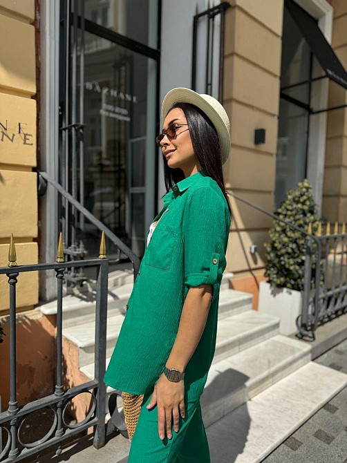 Женский легкий прогулочный костюм тройка: рубашка майка и брюки шелковый креп жатка Зелёный, 46/48 Одесса - изображение 9