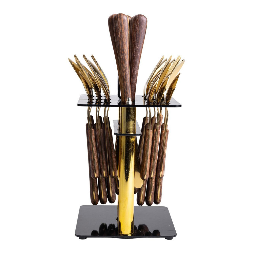 Набор столовых приборов на 6 персон с деревянными ручками на подставке столовые приборы 24 шт Золото HP-20-2 Киев - изображение 5