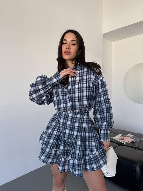 Женский стильный костюм двойка: рубашка и юбка в клетку тиар Джинс, 46/48 Одесса - изображение 9