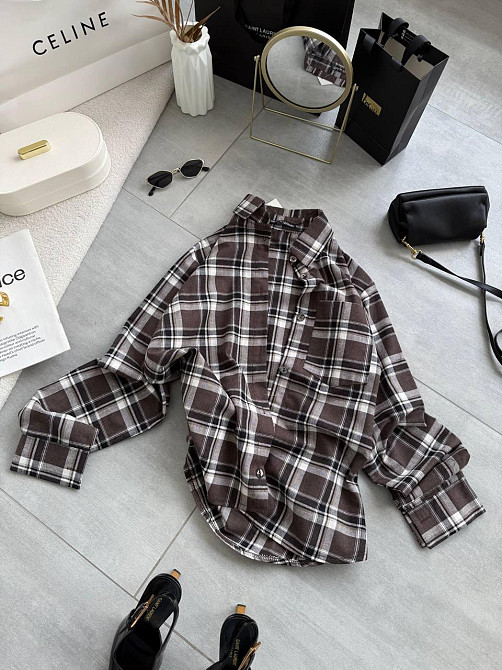 Женская повседневная оверсайз рубашка в клетку костюмный тиар Темный шоколад Одесса - изображение 4