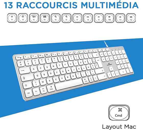 Клавіатура дротова мембранна Bluestork тиха, 13 мультимедійних клавіш, USB-A, біла AZERTY, стильна тонка для Mac, ПК, ноутбука Київ