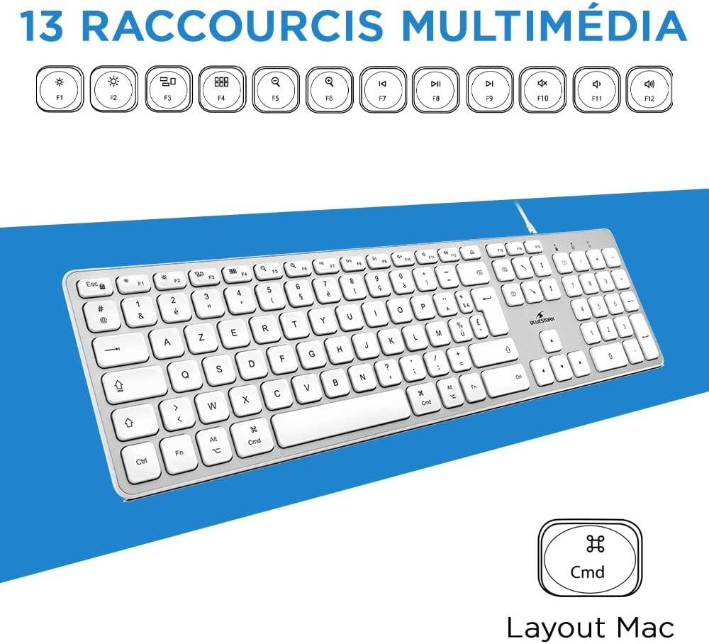 Клавіатура дротова мембранна Bluestork тиха, 13 мультимедійних клавіш, USB-A, біла AZERTY, стильна тонка для Mac, ПК, ноутбука Київ - фото 5