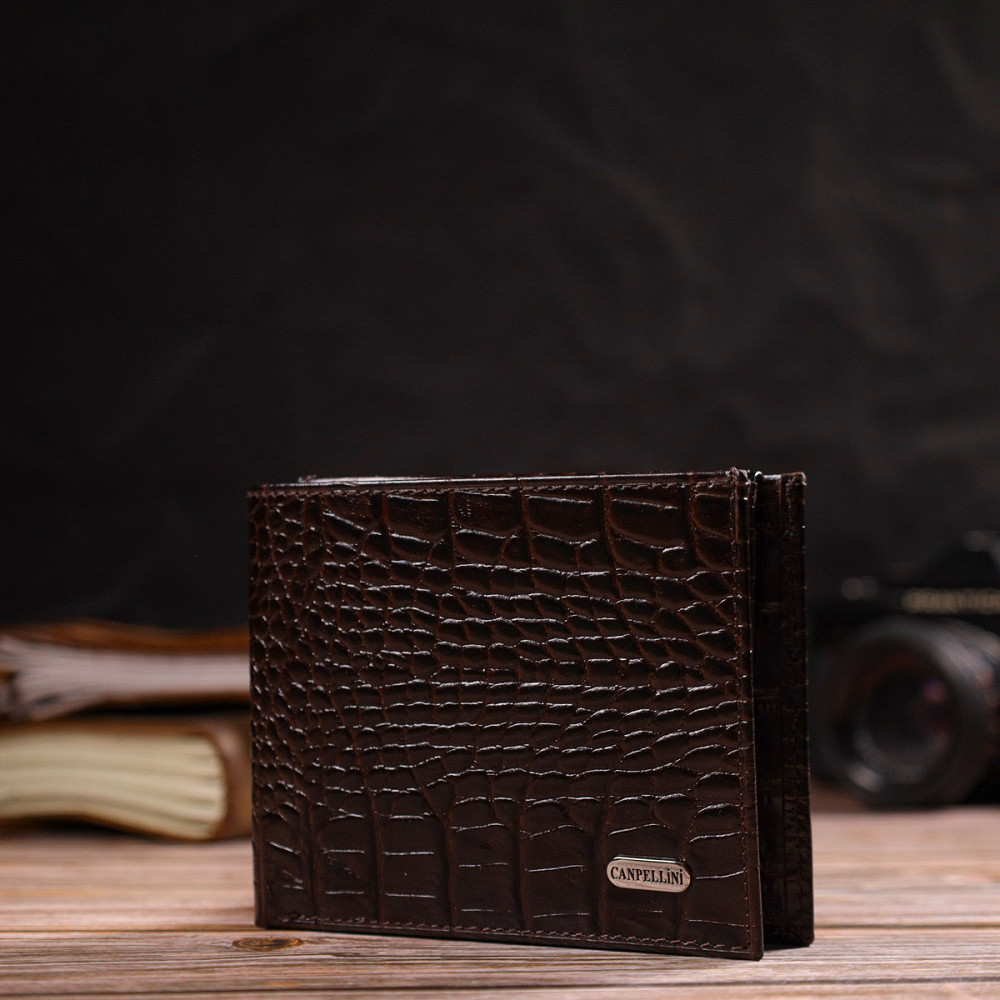 Вместительное мужское портмоне из натуральной кожи с тиснением под крокодила CANPELLINI 21870 Коричневый Киев - изображение 8
