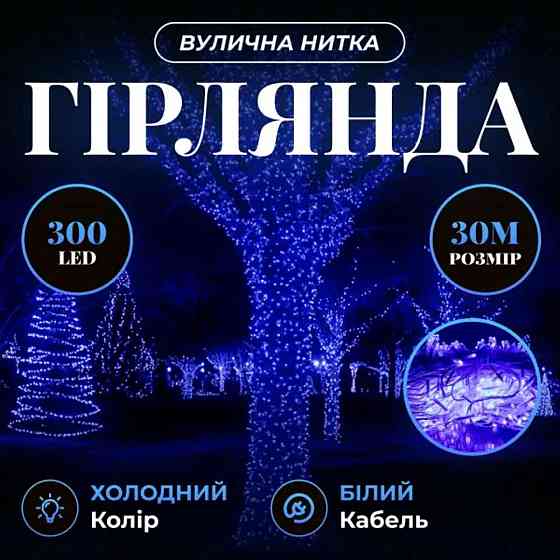 Гірлянда Нитка вулична 30 м 300 LED білий провід Синій CF300L30MWBL Київ