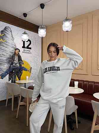 Жіночий теплий оверсайз костюм-двійка з накатом тринитка на флісі + турецька РИБАНА Бежевий, 48/50 Одеса