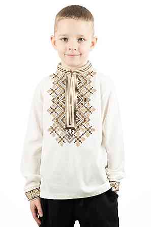 Вышиванка для мальчиков с длинным рукавом льняная, молочная, топ 146 Киев