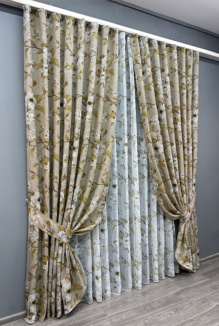 Комплект штор VR-Textil Льон Прованс 100х265 2шт і Тюль 400х265 1819ш-1908т Капучино з білим 71-107/2 Київ - фото 2