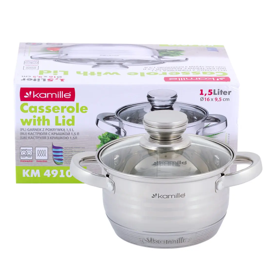 Каструля нержавіюча сталь 1,5л з кришкою порожнисті ручки 4910 KAMILLE Житомир