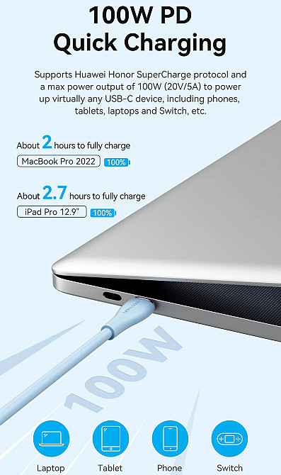 Кабель USB 2.0 Type-C M-M, 1.0 м 100W Light Blue Silicone Vention Вінниця - фото 9