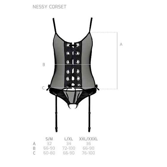 Корсет зі шнурівкою Passion NESSY CORSET XXL/XXXL black, стрінги з відкритим доступом, пажі для панч Sex Aura Київ