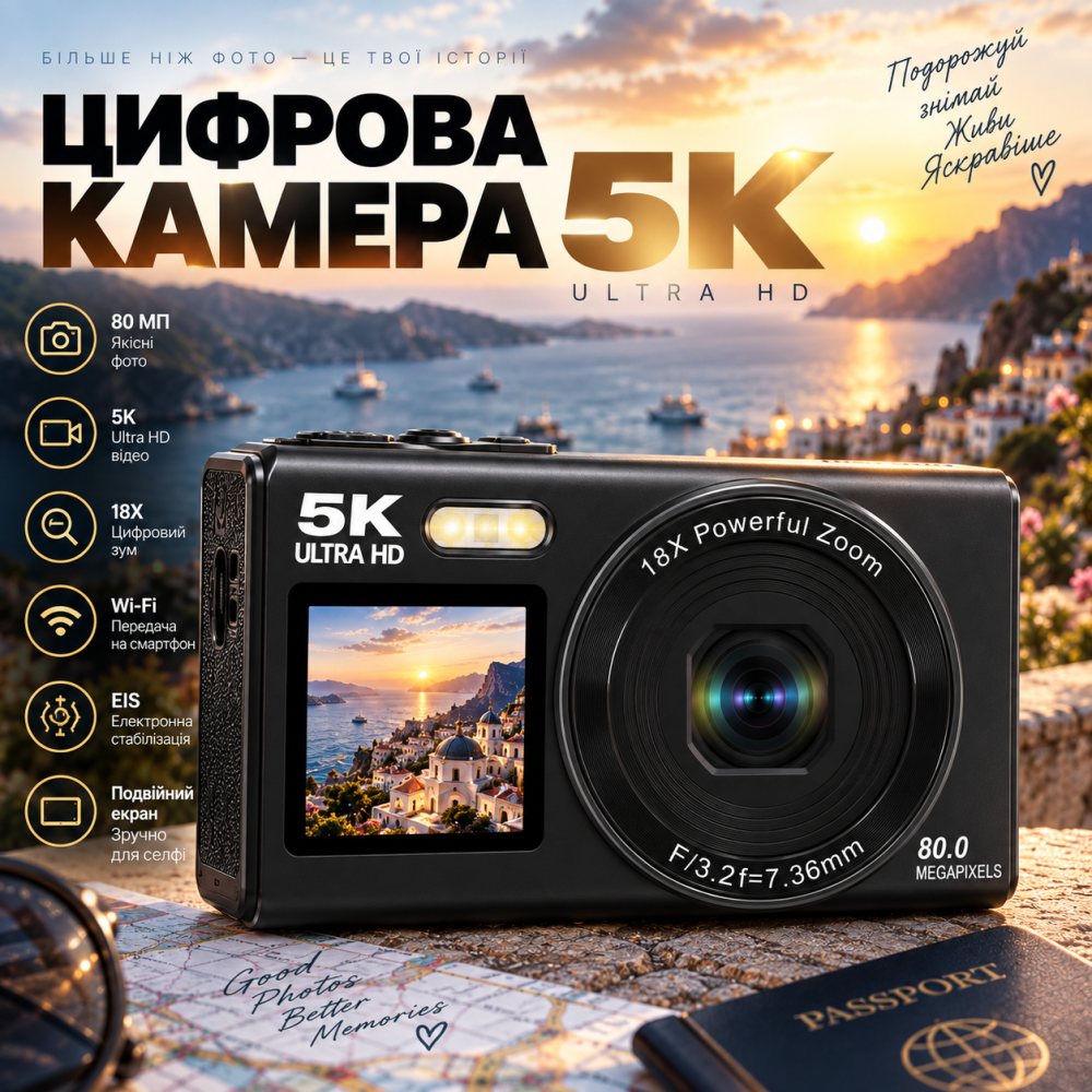 Цифрова камера 5K 80 МП Wi-Fi з подвійним екраном, EIS, 18x Zoom, 2 акумулятори + карта 64 ГБ, чорна Київ - фото 1