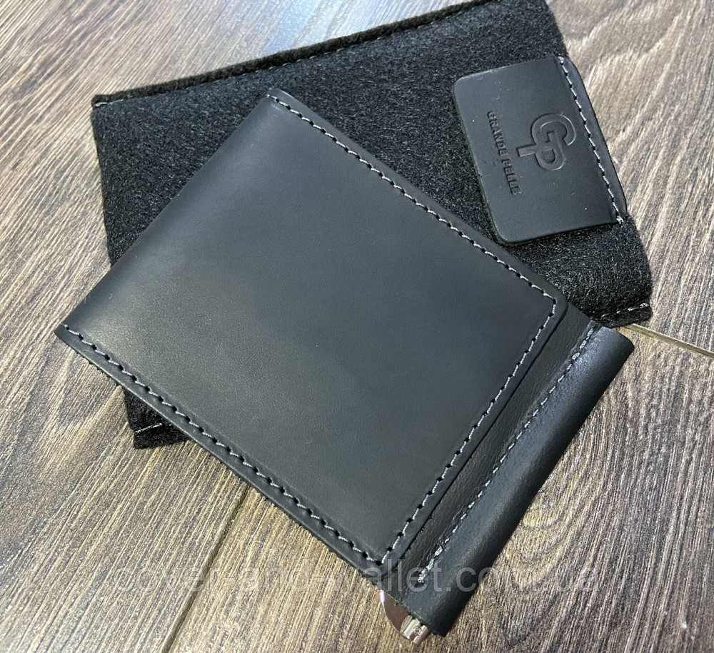 Гаманець затискач для грошей на кнопці із вінтажної шкіри чорного кольору Grande Pelle Київ - фото 5