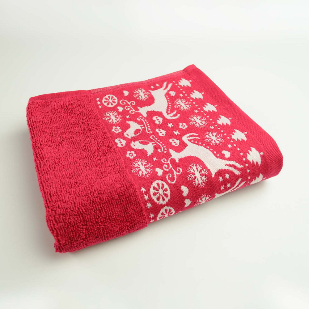 Комплект махровых полотенец Новогодние Merry Christmas Олени 3шт GM Textile 40х70см, 50х90см, 70х140см 500г/м2 (Красный) Сумы - изображение 4