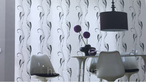 Шпалери вінілові на флізеліні Marburg Chelsea 0.53х10 абстрактний малюнок завитки чорні сірі на білому Київ