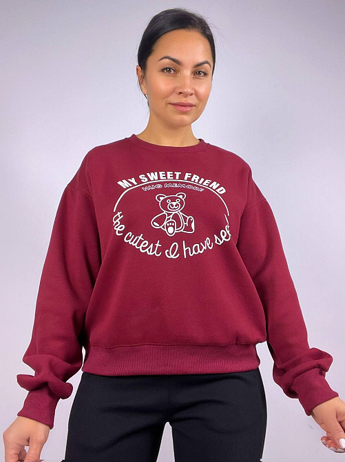 Свитшот женский A-N 25057 с рисунком мишкой впереди оверсайз средней длины комфорт one size, бордовый, one size Киев - изображение 10