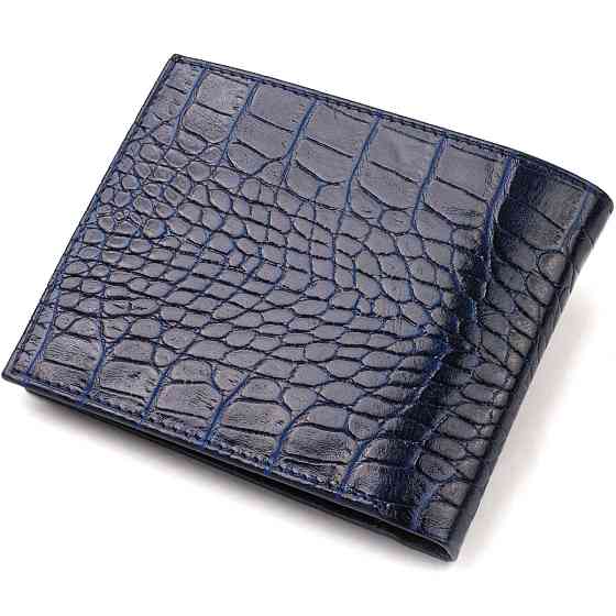 Красивый горизонтальный мужской бумажник среднего размера из натуральной кожи с тиснением под крокодила CANPELLINI 21861 Синий Киев