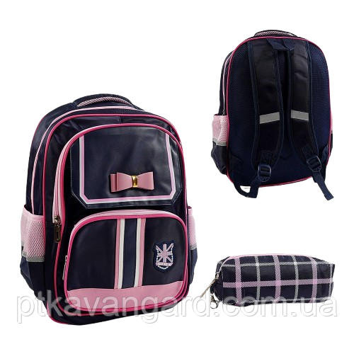 Рюкзак школьный (33х20х45см, 2 отделения 3 кармана, рюкзак с пеналом) черный с розовым Хмельницкий