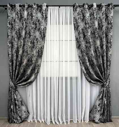 Комплект штор на люверсах VR-Textil Льон Преміум № 1695ш Чорний з сірим 150х280 см 2 шт (37-0247) Київ