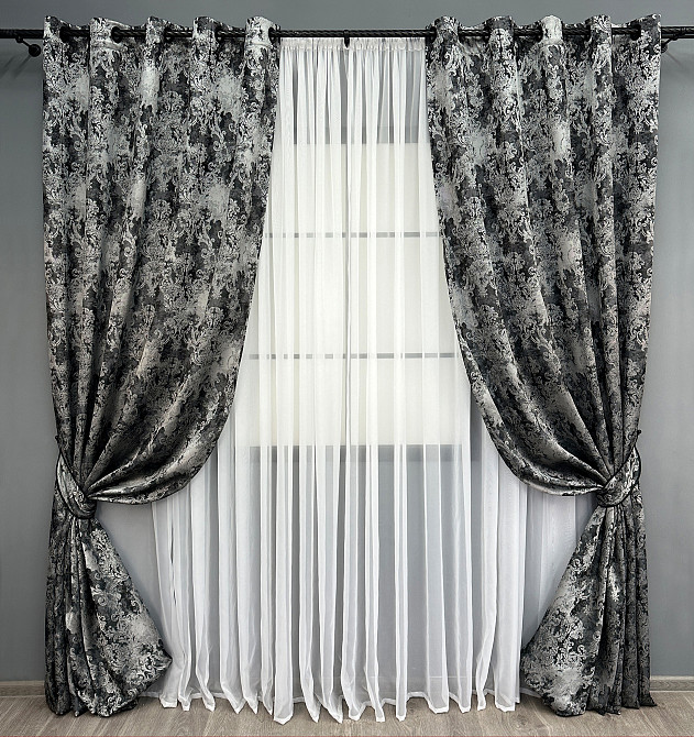 Комплект штор на люверсах VR-Textil Льон Преміум № 1695ш Чорний з сірим 150х280 см 2 шт (37-0247) Київ - фото 2