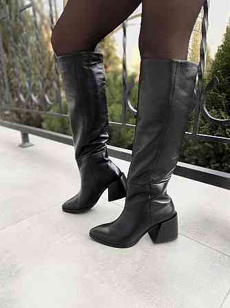 Чоботи жіночі TWO STEPS чорні натуральна шкіра зима каблук 7см висота 42см обхват 38-39см (4292 Коломыя