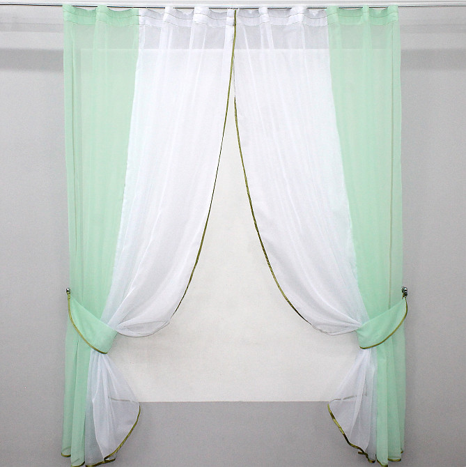 Кухонные шторы VR-Textil № 017к комбинированные с подвязками мятный с белым 270х170 см (52-0259) Киев - изображение 1