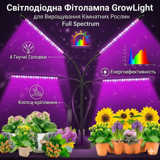Світлодіодна фітолампа GrowLight 85 LED 4 головки Full Spectrum з таймером 4/8/12 год, пультом, регульованим штативом USB Київ