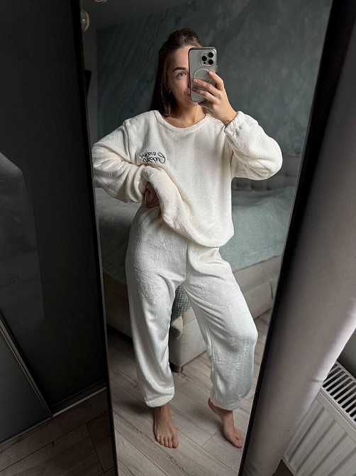 Жіночий домашній теплий комплект для дому з велюру Молочний, 42/44 Одеса - фото 1
