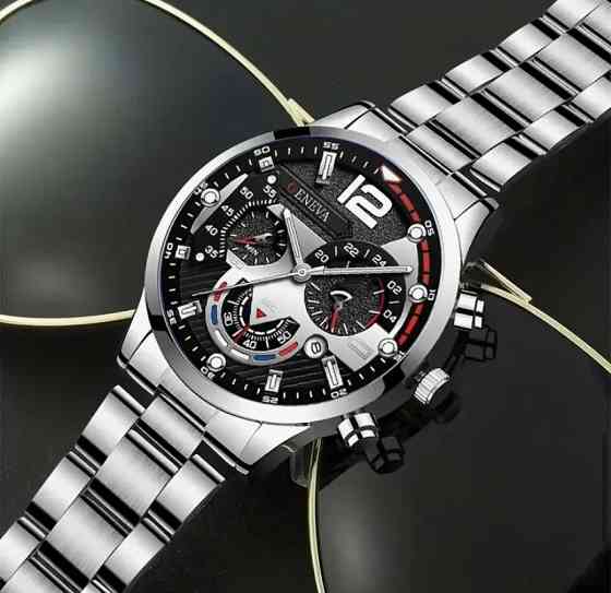 Подарочный набор для мужчин наручные часы с браслетом и цепочка с крестиком и кольцо серебристый Киев