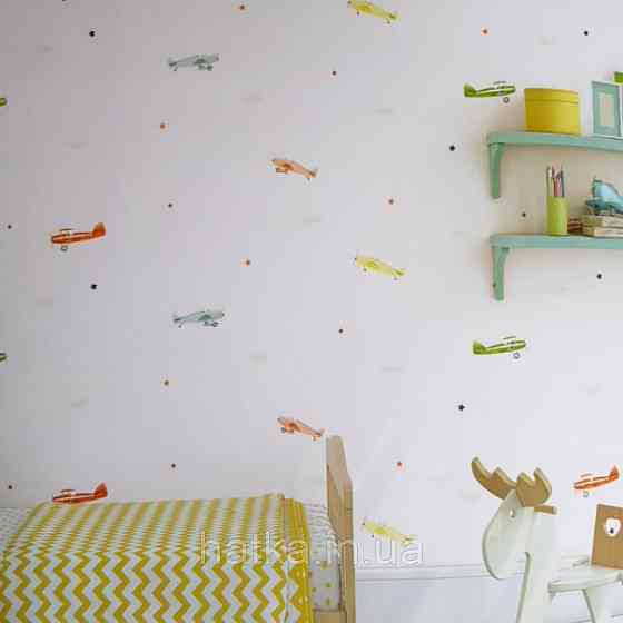 Шпалери вінілові на флізеліні AdaWall Ada Kids метрові дитячі літаки зірки на біло молочному Київ