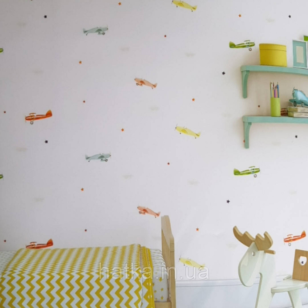 Шпалери вінілові на флізеліні AdaWall Ada Kids метрові дитячі літаки зірки на біло молочному Київ - фото 1