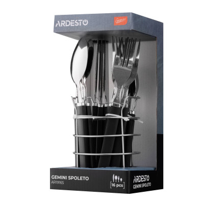 Набір столових приборів Ardesto Gemini Spoleto, 16 приборів, нержавіюча сталь, пластик, чорний (AR1916S) Вінниця - фото 6