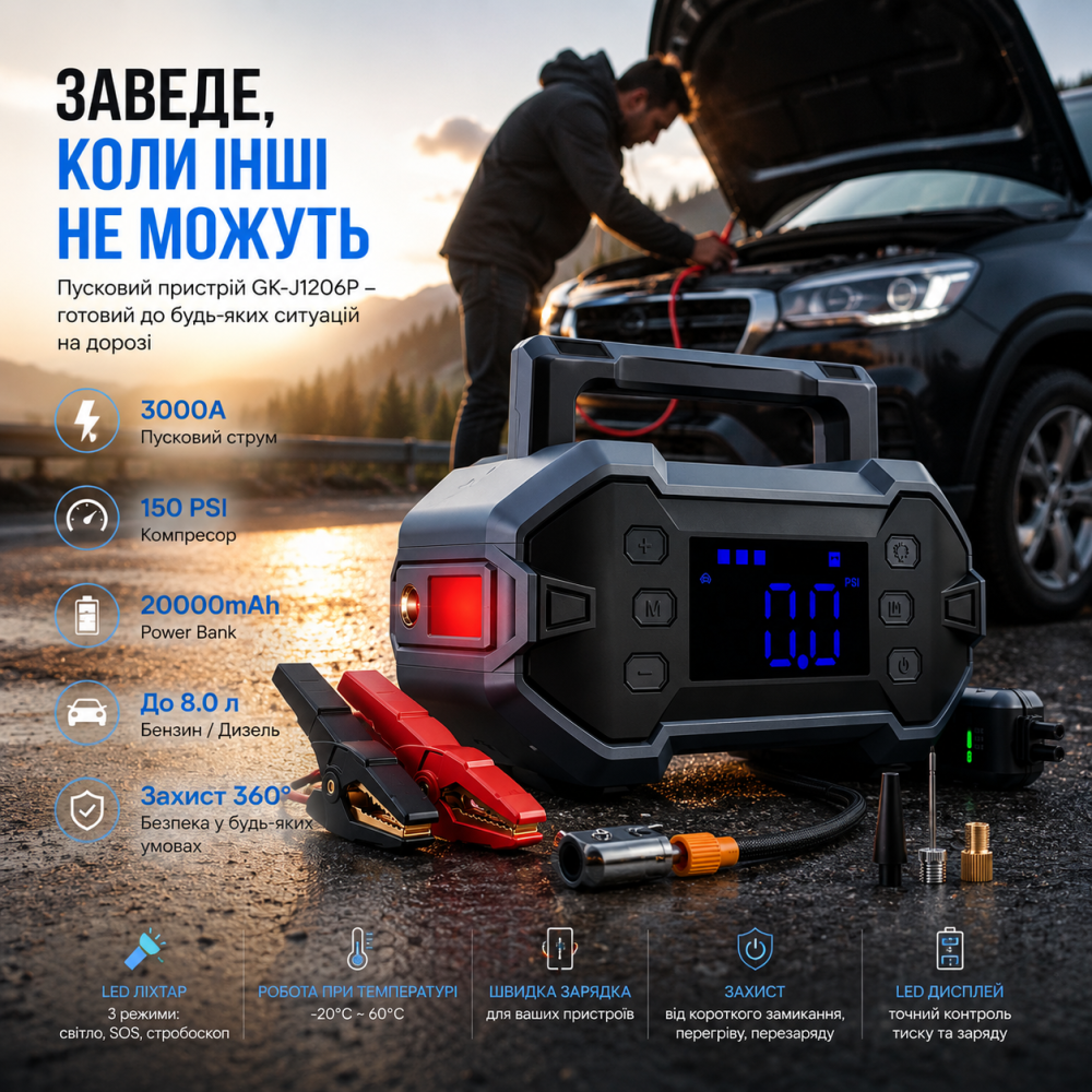 Уцінка Пусковий зарядний пристрій GK-J1206P 3000A 20000mAh з компресором 150 PSI, Power Bank 12V для авто до 8.0 л Київ - фото 11