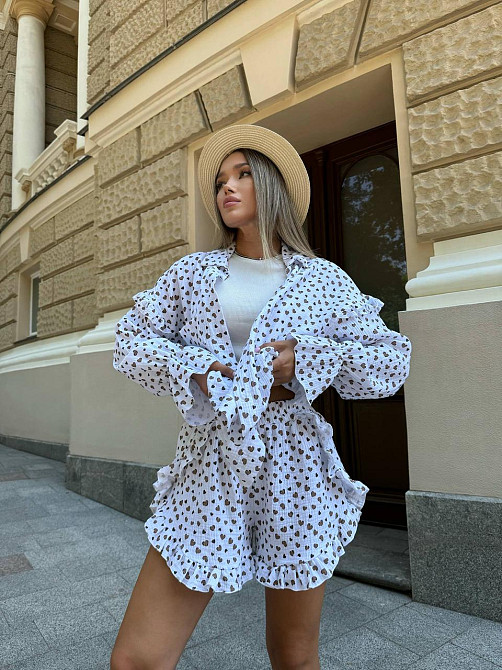 Женский принтованный костюм двойка: рубашка и шорты из натурального муслина Белый 2, 42/46 Одесса - изображение 6