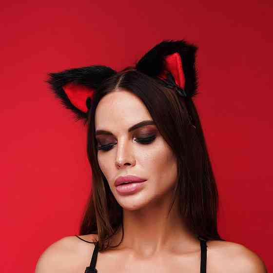 Меховые ушки кошки с бантиком, Черные с красным OKOVA, Черный Sex Aura Киев