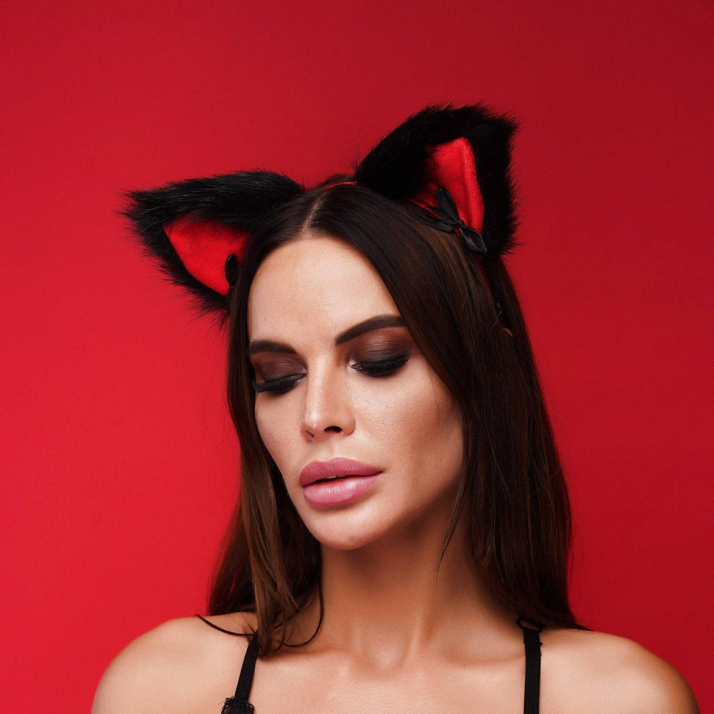 Меховые ушки кошки с бантиком, Черные с красным OKOVA, Черный Sex Aura Киев - изображение 2